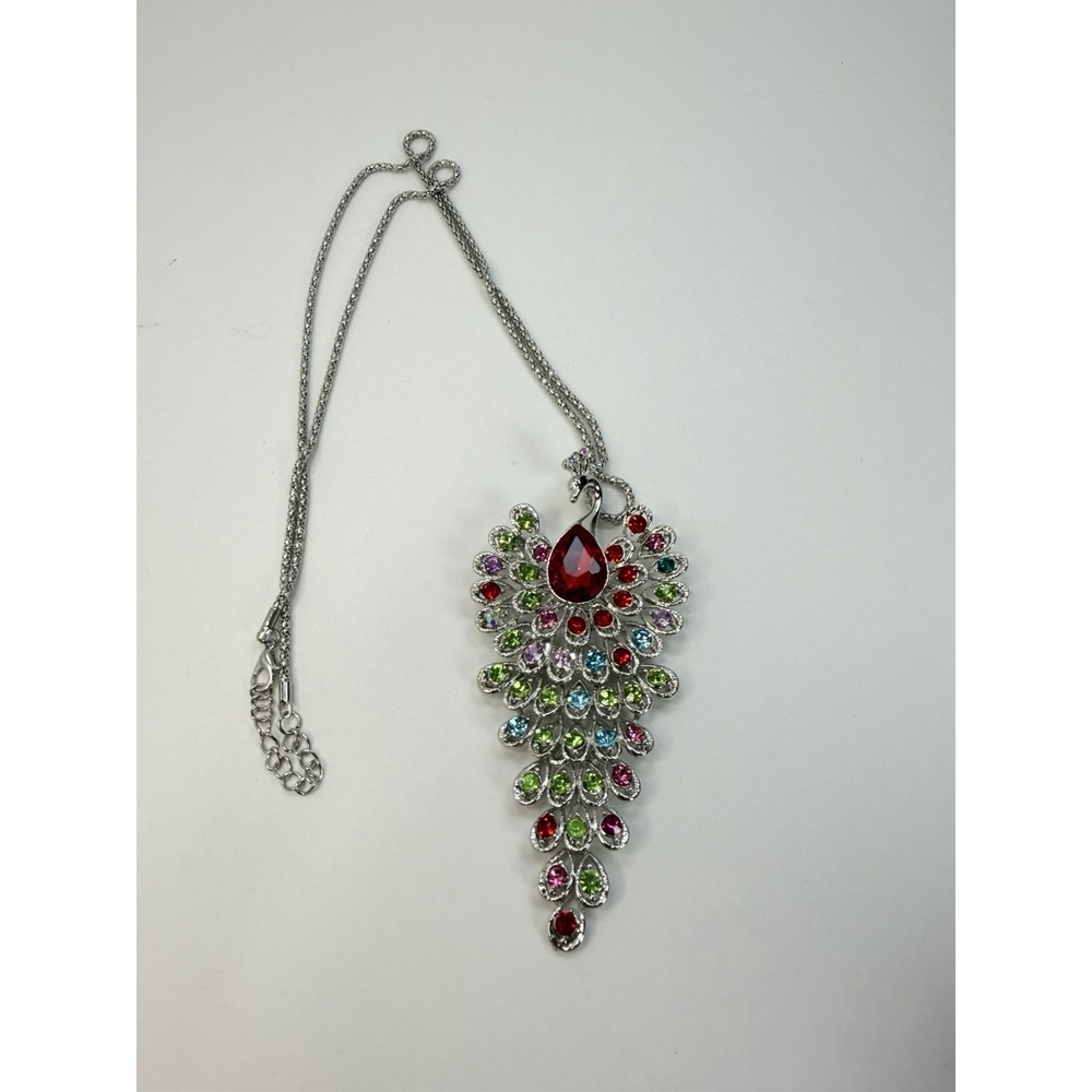 Peacock Rhinestone Large Pendant Necklace Multicolor Silver Tone Chain Statement